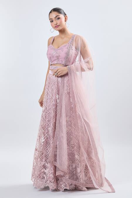 Buy Samyukta Singhania Pink Net Embroidery, Sequins V-neck Lehenga Set Online at Aza Fashions Buy_Samyukta Singhania_Pink Net Embroidery, Sequins V-neck Lehenga Set _Online_at_Aza_Fashions