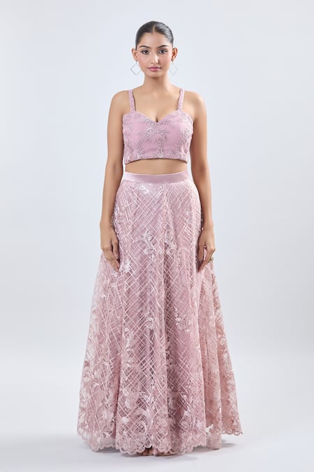 Shop Samyukta Singhania Pink Net Embroidery, Sequins V-neck Lehenga Set Online at Aza Fashions Shop_Samyukta Singhania_Pink Net Embroidery, Sequins V-neck Lehenga Set _Online_at_Aza_Fashions