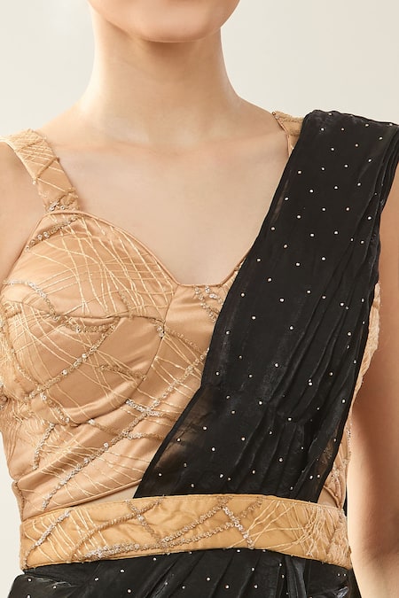 Buy_Samyukta Singhania_Black Satin Sequins Sweetheart Neck Pre-draped Saree Set _Online_at_Aza_Fashions