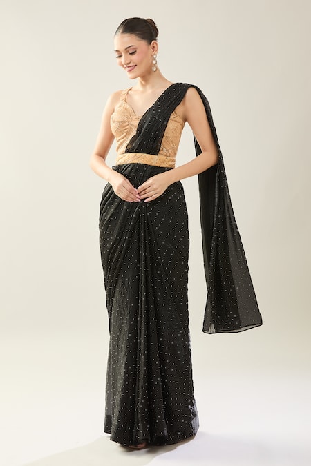 Samyukta Singhania_Black Satin Sequins Sweetheart Neck Pre-draped Saree Set _at_Aza_Fashions
