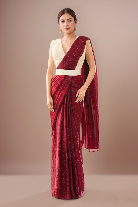 Samyukta Singhania Maroon Net Pre-Draped Saree Set 