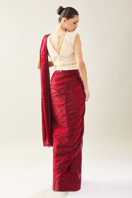 Samyukta Singhania Maroon Net Pre-Draped Saree Set 