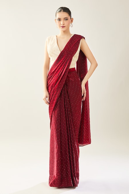 Buy_Samyukta Singhania_Maroon Net Embroidery V-neck Pre-draped Saree Set _Online_at_Aza_Fashions