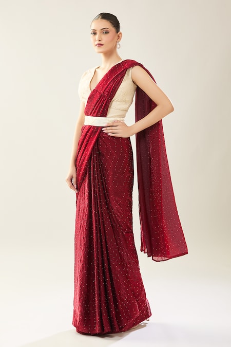Shop_Samyukta Singhania_Maroon Net Embroidery V-neck Pre-draped Saree Set _Online_at_Aza_Fashions