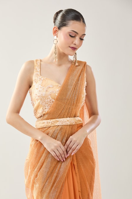 Samyukta Singhania_Peach Net Embroidery Sweetheart Neck Blouse With Draped Saree _Online_at_Aza_Fashions