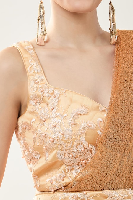 Buy_Samyukta Singhania_Peach Net Embroidery Sweetheart Neck Blouse With Draped Saree _Online_at_Aza_Fashions