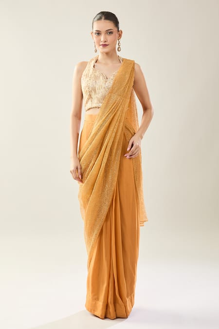 Samyukta Singhania_Mustard Net Sequins, Embroidery Halter Neck Pre-draped Saree Set _Online_at_Aza_Fashions