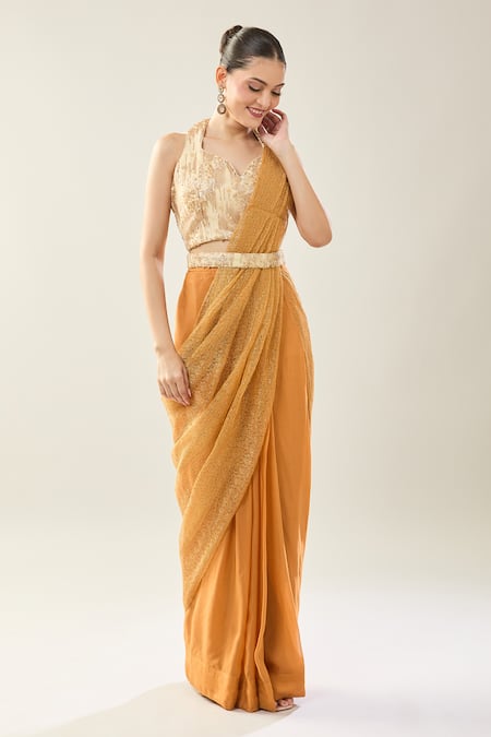Buy_Samyukta Singhania_Mustard Net Sequins, Embroidery Halter Neck Pre-draped Saree Set _Online_at_Aza_Fashions