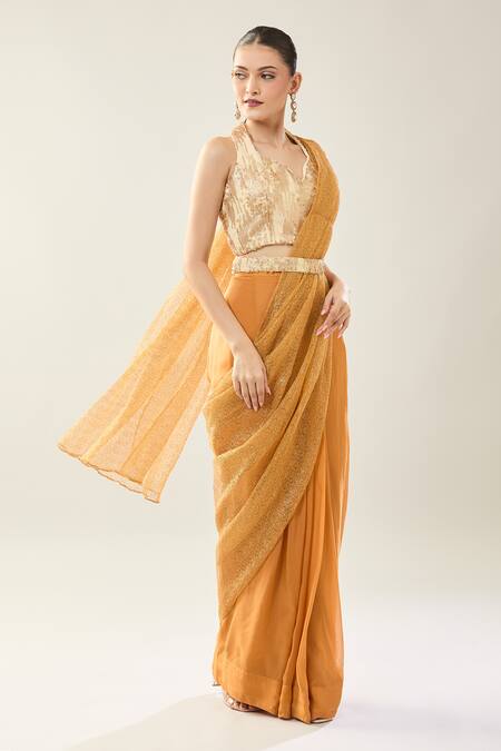 Shop_Samyukta Singhania_Mustard Net Sequins, Embroidery Halter Neck Pre-draped Saree Set _Online_at_Aza_Fashions