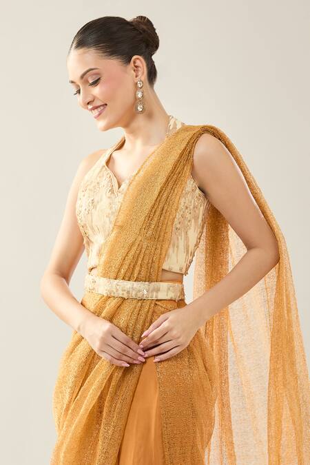 Samyukta Singhania_Mustard Net Sequins, Embroidery Halter Neck Pre-draped Saree Set _at_Aza_Fashions