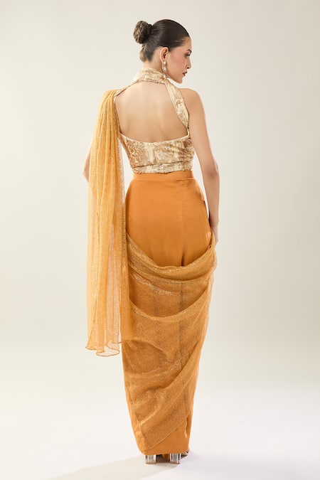 Samyukta Singhania Mustard Net Pre-Draped Saree Set 