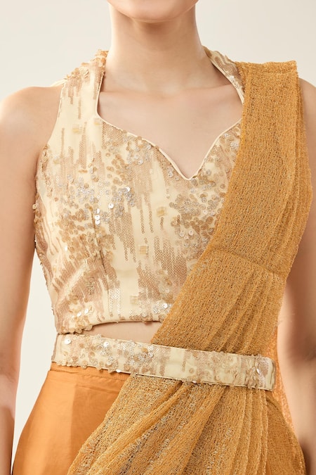 Buy_Samyukta Singhania_Mustard Net Sequins, Embroidery Halter Neck Pre-draped Saree Set 