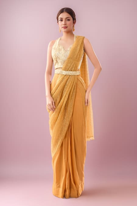 Samyukta Singhania Mustard Net Pre-Draped Saree Set 