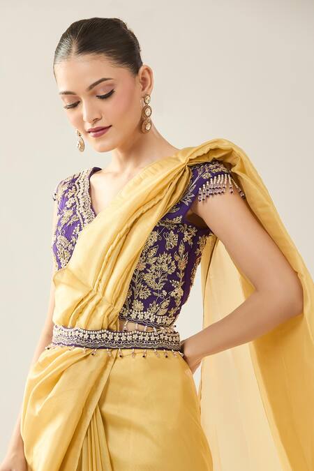 Samyukta Singhania_Yellow Chinon Embroidery V-neck Purple Blouse And Saree Set _Online_at_Aza_Fashions