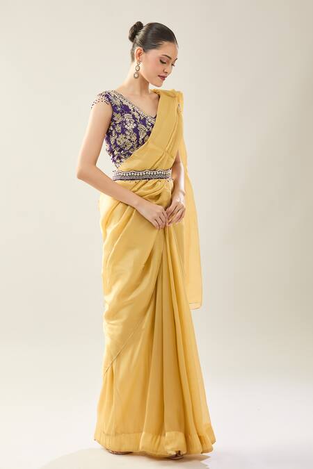 Buy_Samyukta Singhania_Yellow Chinon Embroidery V-neck Purple Blouse And Saree Set _Online_at_Aza_Fashions