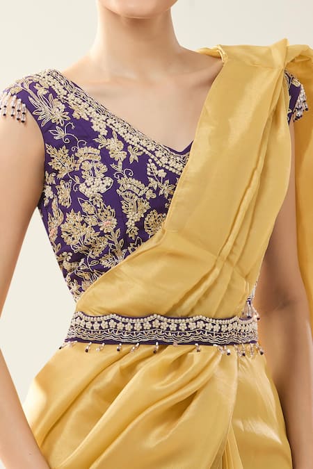 Shop_Samyukta Singhania_Yellow Chinon Embroidery V-neck Purple Blouse And Saree Set _Online_at_Aza_Fashions