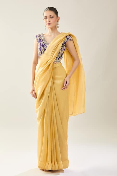 Samyukta Singhania_Yellow Chinon Embroidery V-neck Purple Blouse And Saree Set _at_Aza_Fashions