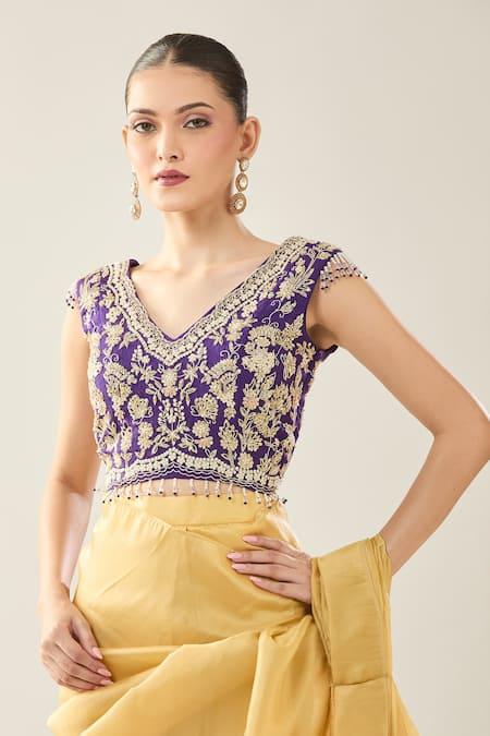 Buy_Samyukta Singhania_Yellow Chinon Embroidery V-neck Purple Blouse And Saree Set 