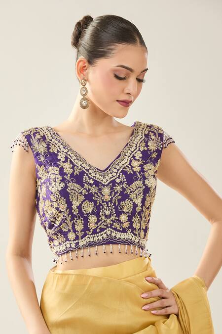 Shop_Samyukta Singhania_Yellow Chinon Embroidery V-neck Purple Blouse And Saree Set 