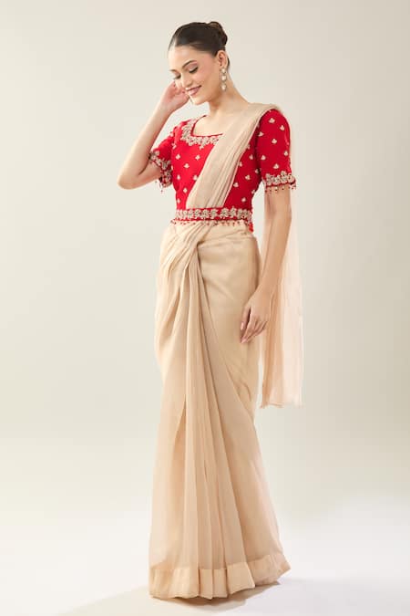 Samyukta Singhania_Beige Viscose Embroidery Square Neck Pre-draped Saree Set With Red Blouse _Online_at_Aza_Fashions