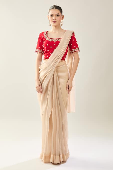 Buy_Samyukta Singhania_Beige Viscose Embroidery Square Neck Pre-draped Saree Set With Red Blouse _Online_at_Aza_Fashions