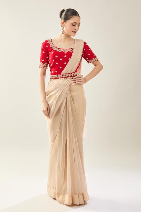 Shop_Samyukta Singhania_Beige Viscose Embroidery Square Neck Pre-draped Saree Set With Red Blouse _Online_at_Aza_Fashions