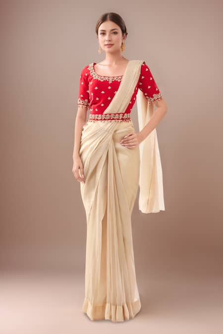 Samyukta Singhania Beige Pre-Draped Saree Set With Red Blouse 