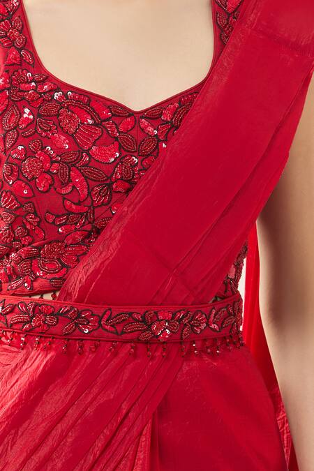 Samyukta Singhania Red Chinon Embroidery Scoop Neck Pre-draped Saree Set Online at Aza Fashions Samyukta Singhania_Red Chinon Embroidery Scoop Neck Pre-draped Saree Set _Online_at_Aza_Fashions