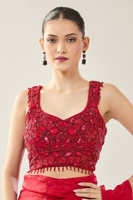 Buy Samyukta Singhania Red Chinon Embroidery Scoop Neck Pre-draped Saree Set Buy_Samyukta Singhania_Red Chinon Embroidery Scoop Neck Pre-draped Saree Set