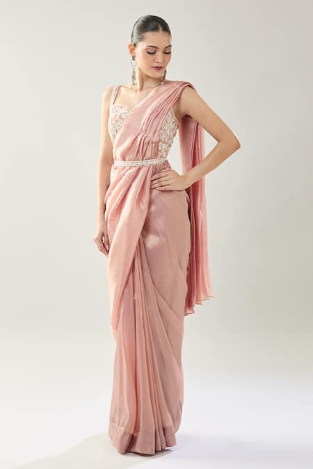 Shop Samyukta Singhania Pink Crepe Embroidery Sweetheart Neck Pre-draped Saree Set Online at Aza Fashions Shop_Samyukta Singhania_Pink Crepe Embroidery Sweetheart Neck Pre-draped Saree Set _Online_at_Aza_Fashions