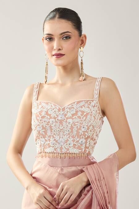 Samyukta Singhania Pink Crepe Embroidery Sweetheart Neck Pre-draped Saree Set at Aza Fashions Samyukta Singhania_Pink Crepe Embroidery Sweetheart Neck Pre-draped Saree Set _at_Aza_Fashions