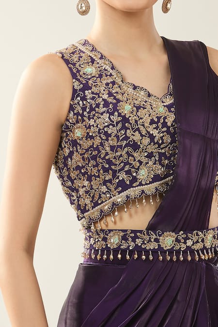 Samyukta Singhania_Purple Chinon Embroidery V-neck Pre-draped Saree Set _Online_at_Aza_Fashions