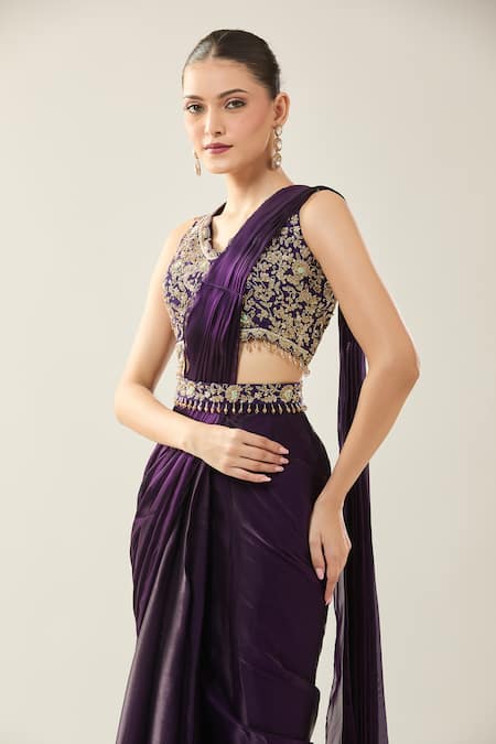 Buy_Samyukta Singhania_Purple Chinon Embroidery V-neck Pre-draped Saree Set _Online_at_Aza_Fashions