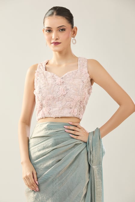 Shop_Samyukta Singhania_Blue Embroidery Sweetheart Neck Pre-draped Saree And Pink Blouse Set _Online_at_Aza_Fashions