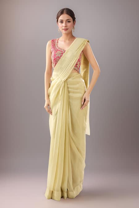 Samyukta Singhania Embroidered Pink Blouse & Yellow Saree Set 