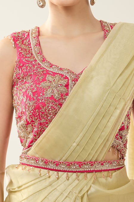 Buy_Samyukta Singhania_Yellow Chinon Sequins Round Neck Embroidered Pink Blouse And Saree Set _Online_at_Aza_Fashions