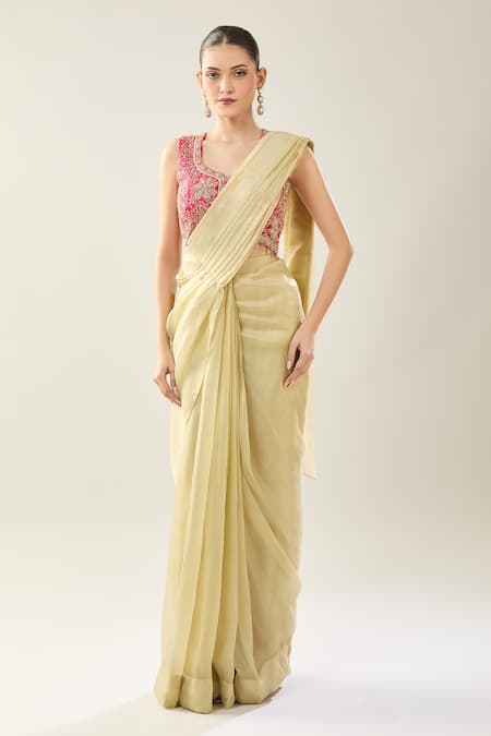 Shop_Samyukta Singhania_Yellow Chinon Sequins Round Neck Embroidered Pink Blouse And Saree Set _Online_at_Aza_Fashions