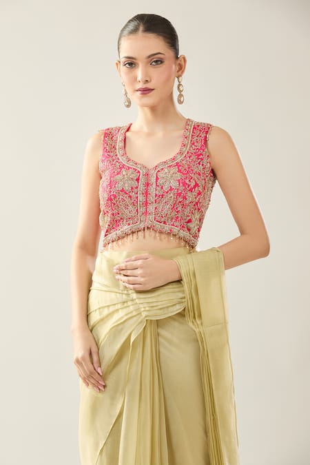 Samyukta Singhania_Yellow Chinon Sequins Round Neck Embroidered Pink Blouse And Saree Set _at_Aza_Fashions
