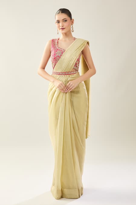 Buy_Samyukta Singhania_Yellow Chinon Sequins Round Neck Embroidered Pink Blouse And Saree Set 