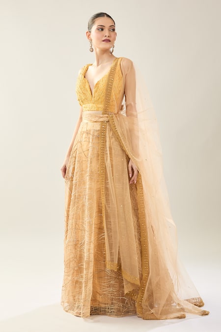 Samyukta Singhania_Yellow Net Sequins, Embroidery V-neck Lehenga Set With Dupatta _Online_at_Aza_Fashions