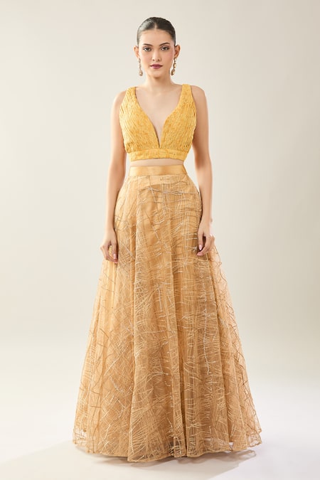 Buy_Samyukta Singhania_Yellow Net Sequins, Embroidery V-neck Lehenga Set With Dupatta _Online_at_Aza_Fashions