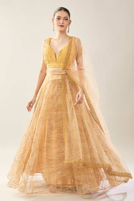 Shop_Samyukta Singhania_Yellow Net Sequins, Embroidery V-neck Lehenga Set With Dupatta _Online_at_Aza_Fashions
