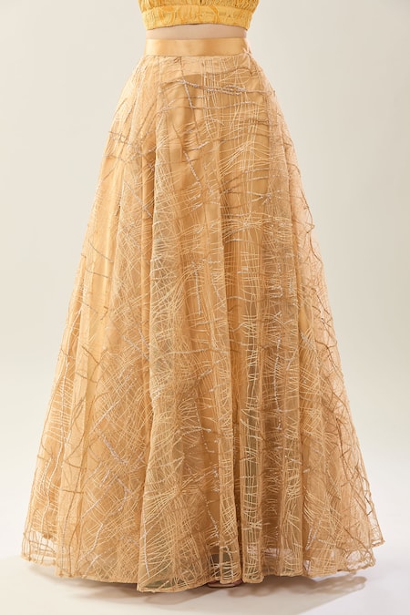 Buy_Samyukta Singhania_Yellow Net Sequins, Embroidery V-neck Lehenga Set With Dupatta 