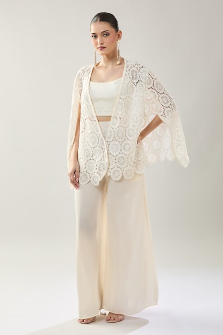 Samyukta Singhania_White Satin, Lace Round , Open Jacket And Pant Set _Online_at_Aza_Fashions