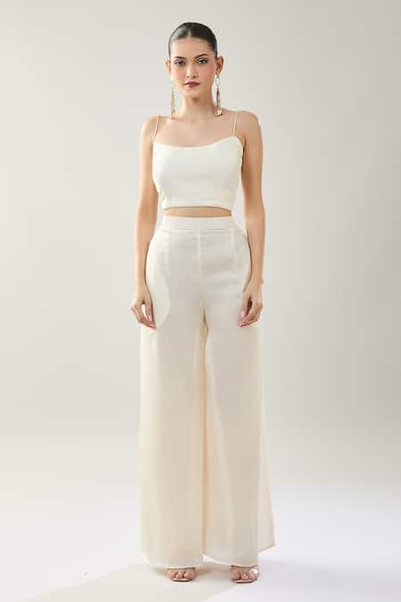 Buy_Samyukta Singhania_White Satin, Lace Round , Open Jacket And Pant Set _Online_at_Aza_Fashions