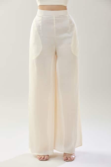 Shop_Samyukta Singhania_White Satin, Lace Round , Open Jacket And Pant Set _Online_at_Aza_Fashions