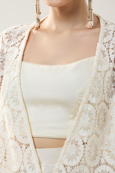 Samyukta Singhania_White Satin, Lace Round , Open Jacket And Pant Set _at_Aza_Fashions