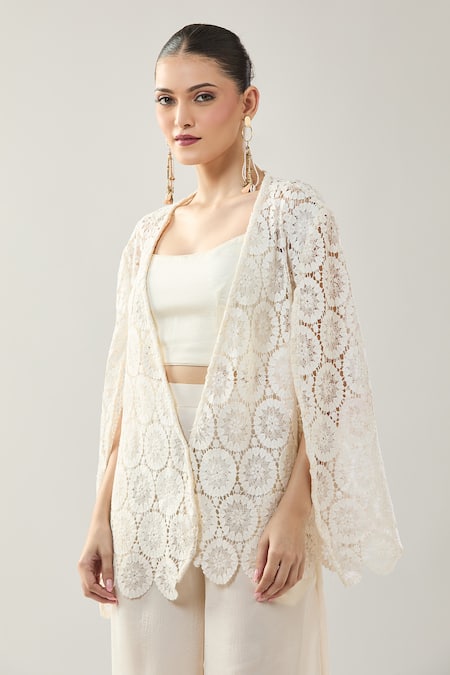Buy_Samyukta Singhania_White Satin, Lace Round , Open Jacket And Pant Set 