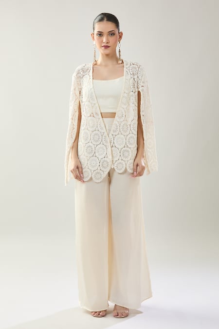 Shop_Samyukta Singhania_White Satin, Lace Round , Open Jacket And Pant Set 