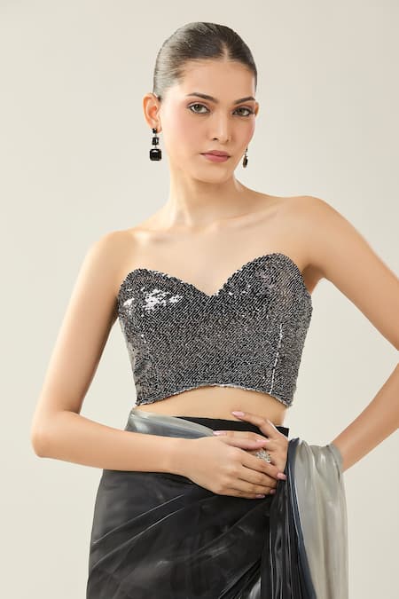 Samyukta Singhania_Black Satin Sequins Sweetheart Neck Grey Pre-draped Saree Set _Online_at_Aza_Fashions